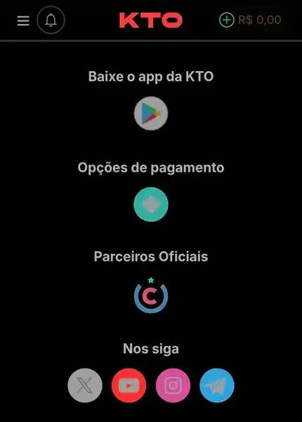 Captura de tela com os canais de suporte da KTO Brasil
