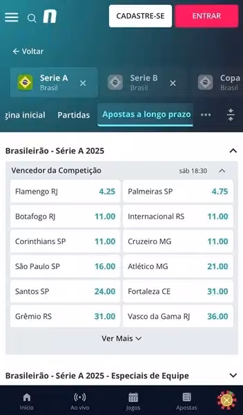 Captura de tela da p&aacute;gina de apostas de longo prazo no Brasileir&atilde;o pela Novibet