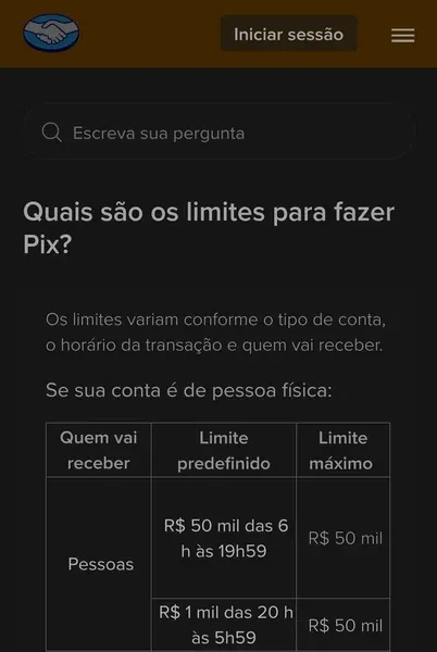 Tabela com limites do Mercado Pago para fazer Pix em conta pessoal f&iacute;sica (PF)

