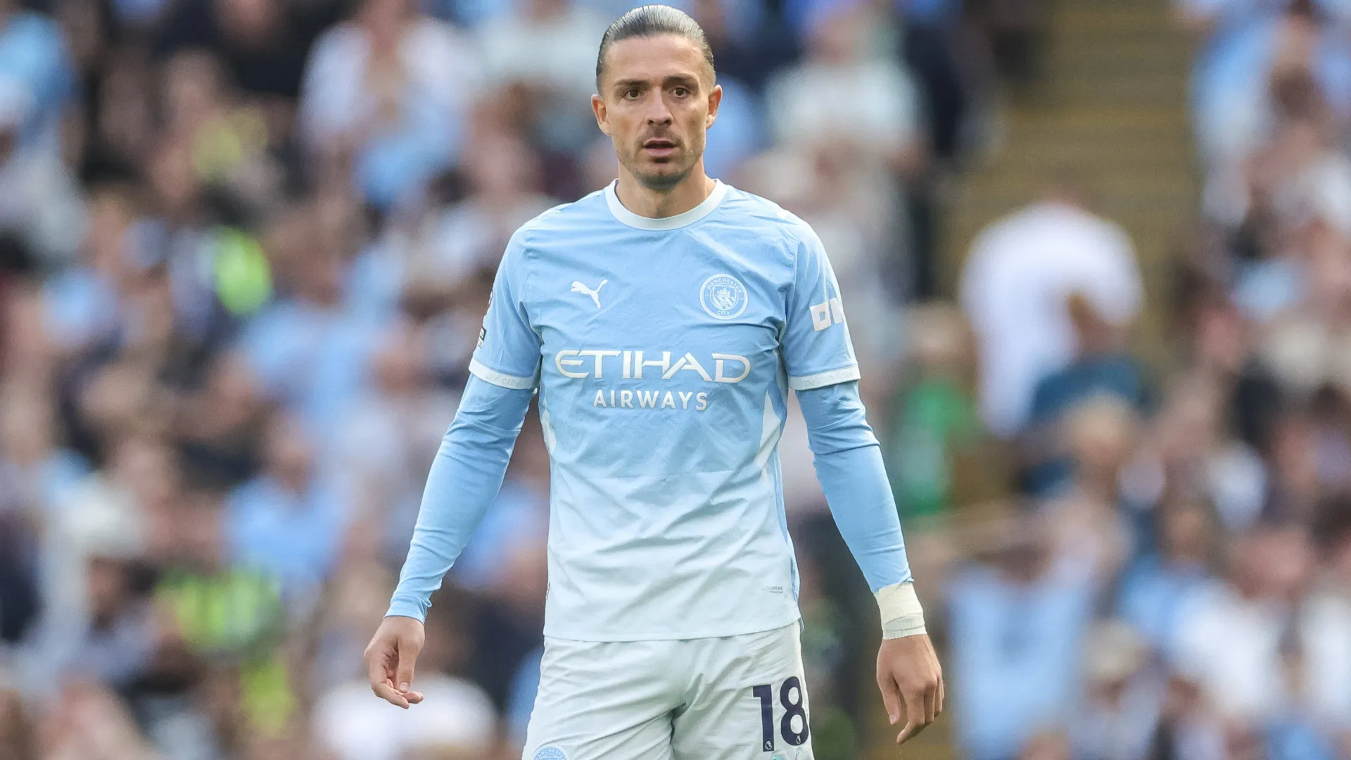 Jack Grealish, do Manchester City, durante a partida contra o Bournemouth, pela Premier League 2026/27, no Etihad Stadium, em Manchester, no Reino Unido, em 23 de agosto de 2026.