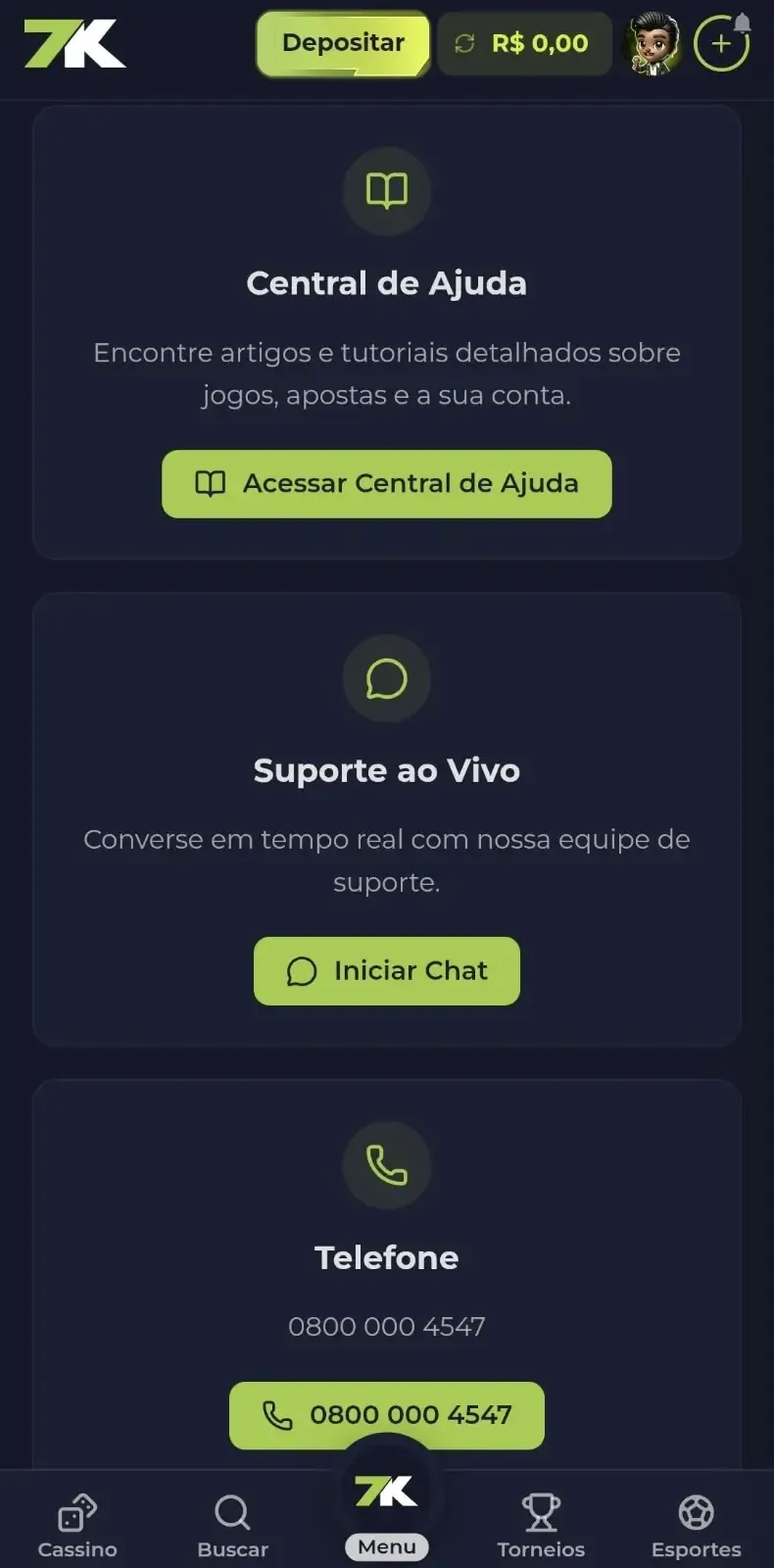 Captura de tela da Central de Ajuda no site oficial da Bet7k.