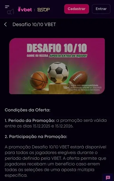 Captura de tela com a promo&ccedil;&atilde;o da Vbet de free bet