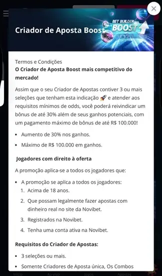 Captura de tela da p&aacute;gina com explica&ccedil;&otilde;es da oferta de b&ocirc;nus de Criar Aposta Boost na Novibet