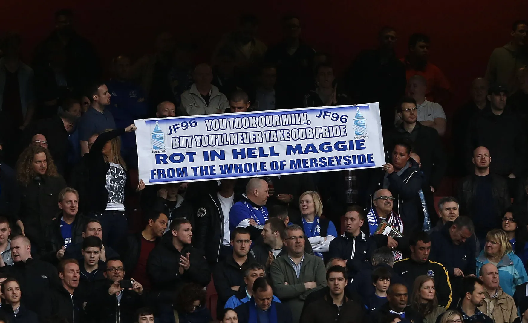 Soccer 2013: Arsenal v Everton APR 16 April 16, 2013 &ndash; London, United Kingdom &ndash; Everton s fans show an anti Margaret Tha