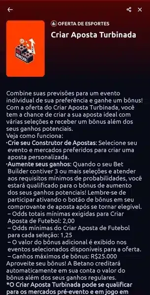 Captura de tela da promo&ccedil;&atilde;o Criar Aposta Turbinada, da Betano