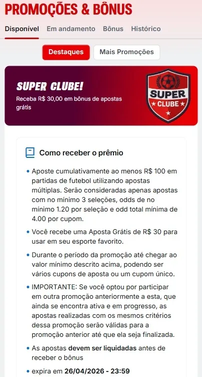 Promo&ccedil;&atilde;o da semana no Super Clube, da Superbet