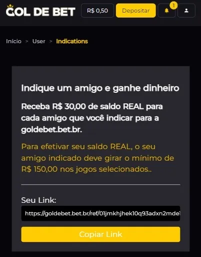 B&ocirc;nus por indica&ccedil;&atilde;o dispon&iacute;vel na Goldebet
