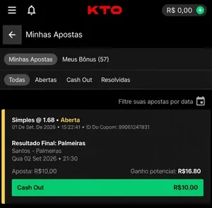 Op&ccedil;&atilde;o de encerrar a aposta na KTO em jogo da Copa do Brasil
