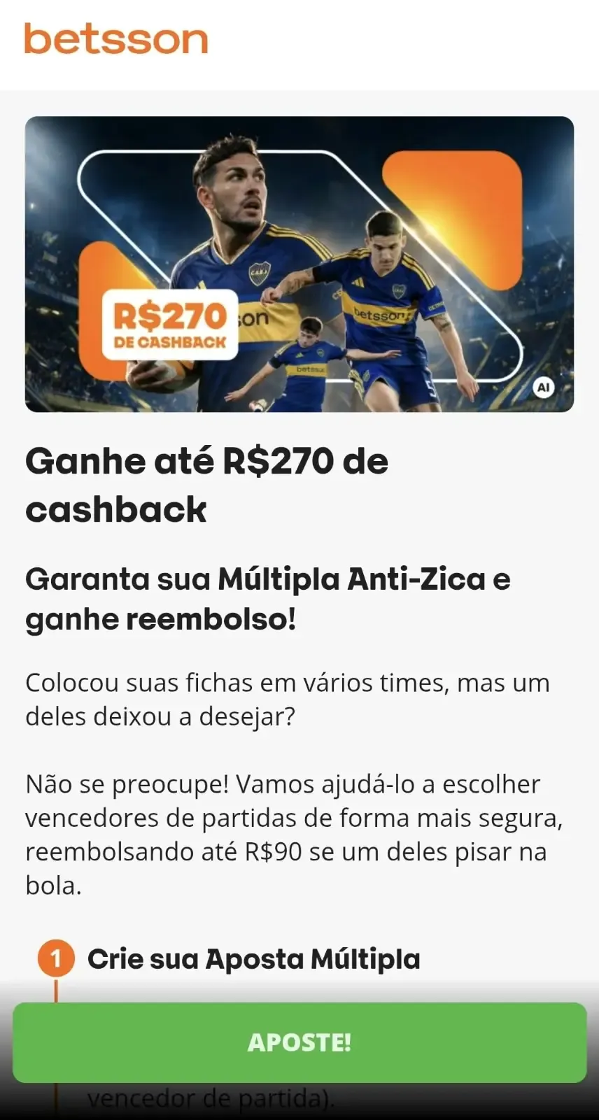 Captura de tela da M&uacute;ltipla Anti-Zica, campanha de reembolso em apostas m&uacute;ltiplas da Betsson.