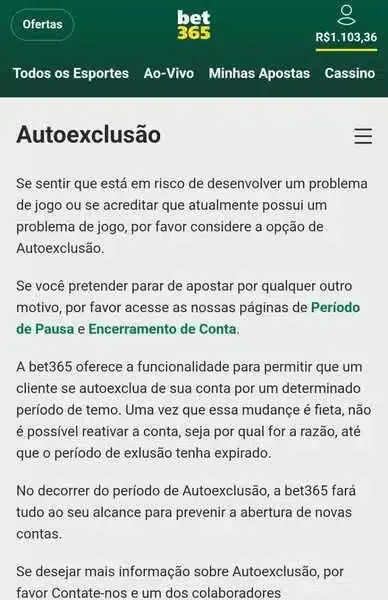 Captura de tela com a explica&ccedil;&atilde;o de como funciona a autoexclus&atilde;o na Bet365.