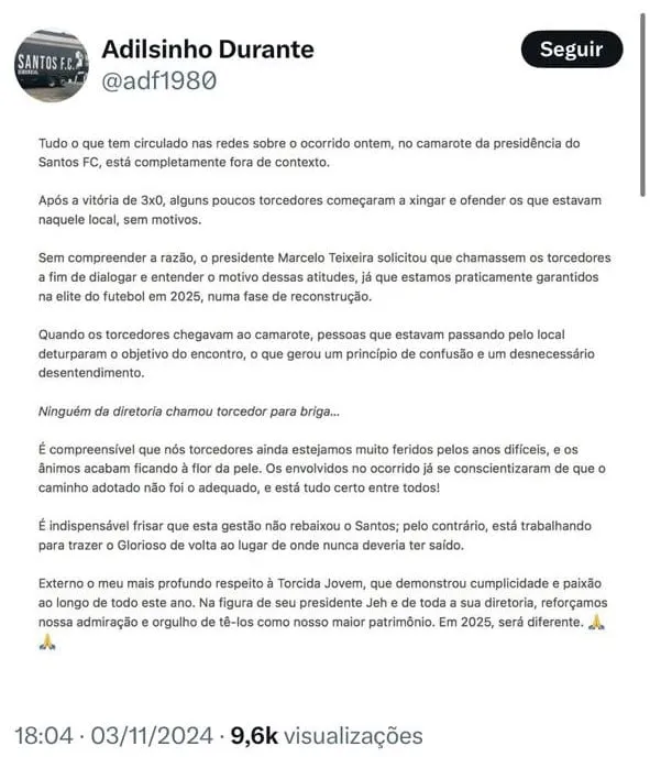 Posicionamento de Adilson Durante Filho