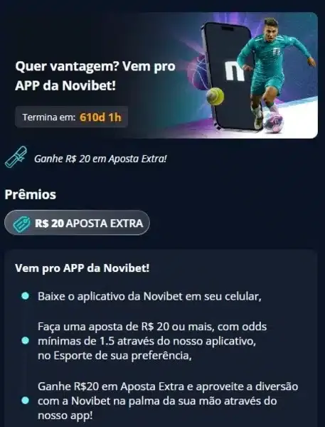 Captura de tela do b&ocirc;nus dispon&iacute;vel para quem baixa o aplicativo da Novibet
