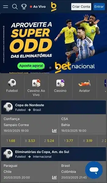 Captura de tela da p&aacute;gina inicial da Betnacional, com op&ccedil;&otilde;es de apostas em futebol