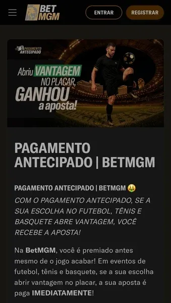 Pagamento Antecipado nos jogos de futebol, basquete e t&ecirc;nis da BetMGM