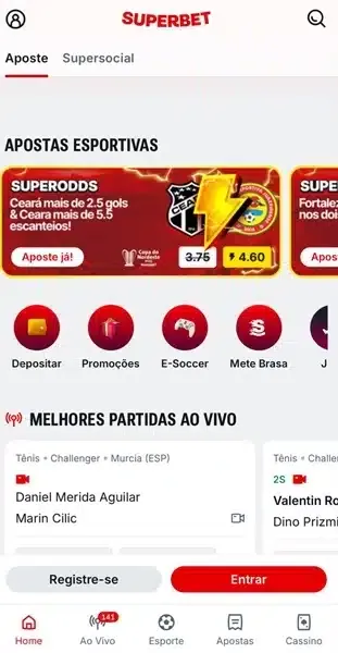 Tela inicial do cat&aacute;logo esportivo da Superbet com transmiss&otilde;es ao vivo em jogos de t&ecirc;nis