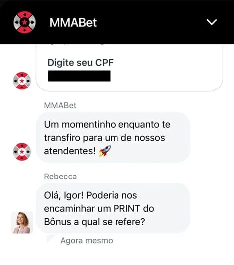 Tela do chat ao vivo MMABet