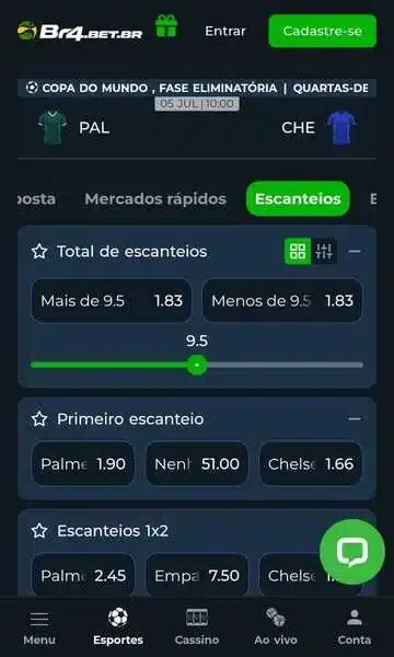 Captura de tela dos mercados de escanteios da Br4Bet