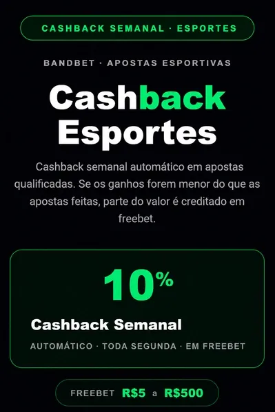 O cashback semanal da Bandbet devolve 10% das perdas em free bet