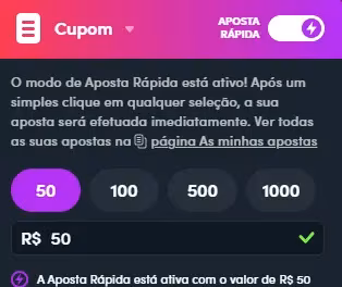 Captura de tela com a fun&ccedil;&atilde;o de aposta r&aacute;pida ativada para apostas na Blaze
