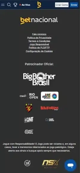 Captura de tela do rodap&eacute; do site da Betnacional com seus patroc&iacute;nios e outras informa&ccedil;&otilde;es