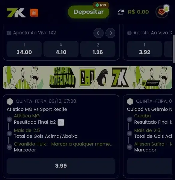 Captura de tela da p&aacute;gina de odds especiais na 7K Bet