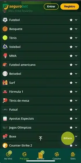  Captura de tela da se&ccedil;&atilde;o de apostas esportivas e os esportes dispon&iacute;veis na Segurobet Brasil