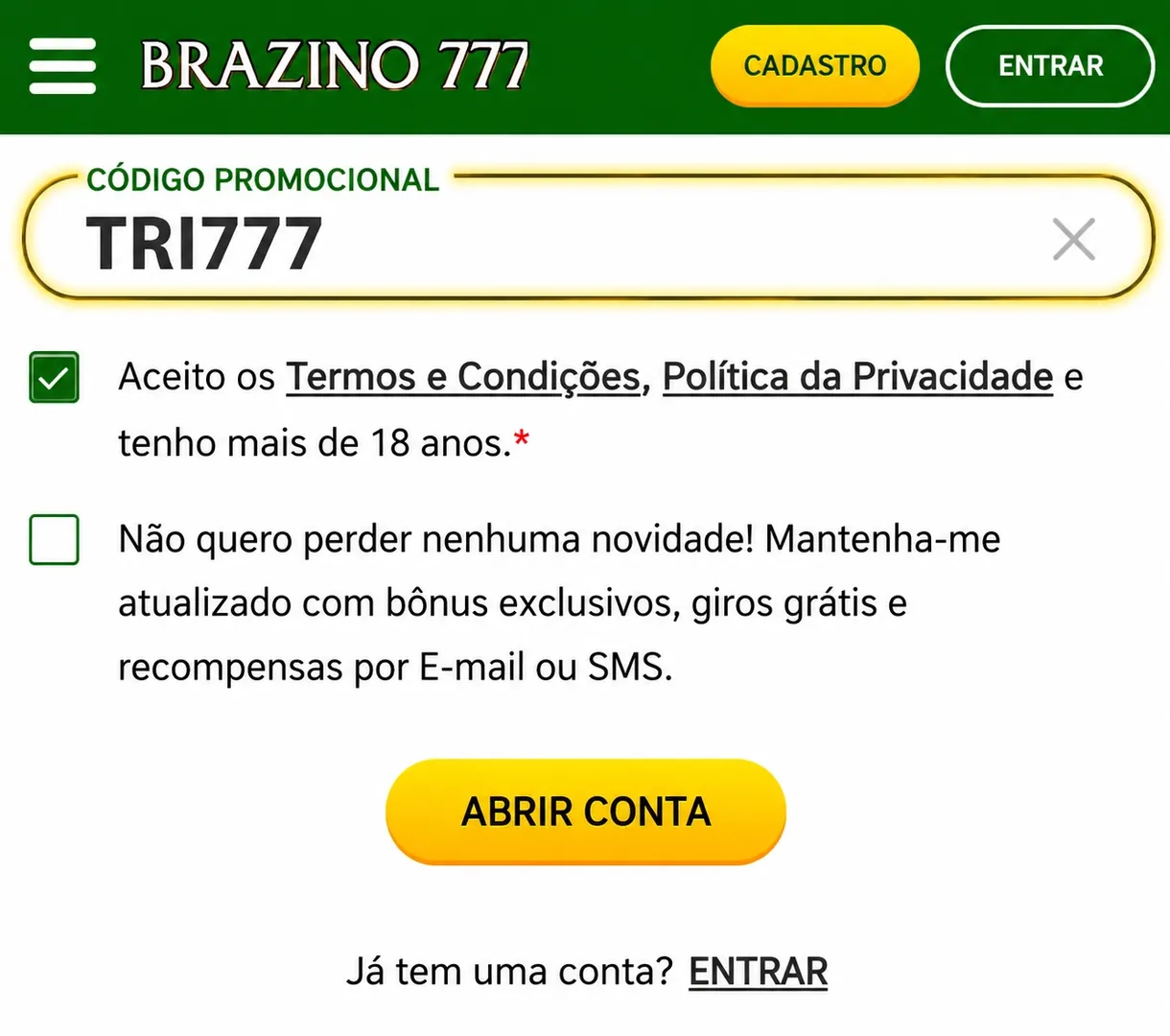 C&oacute;digo promocional Brazino777 em 2026: use TRI777