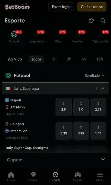Captura de tela da p&aacute;gina inicial da Betboom