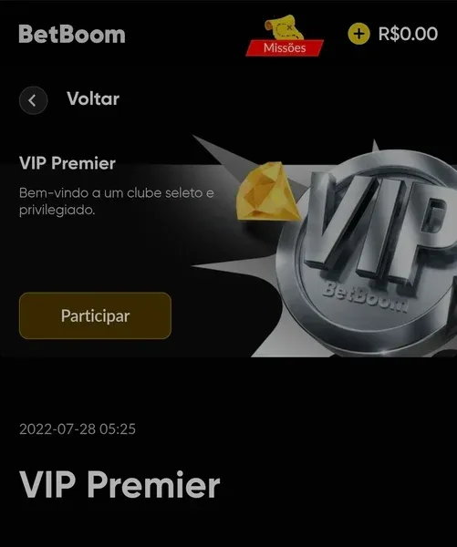 Captura de tela da p&aacute;gina do programa VIP Premier da Betboom
