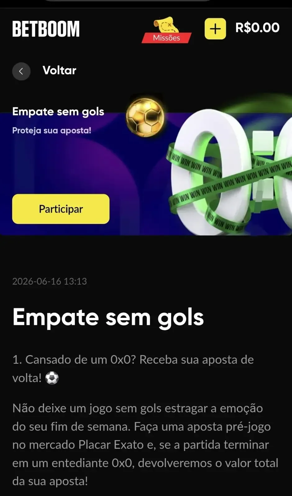 Captura de tela do Empate Sem Gols da Betboom com detalhes do funcionamento do recurso que devolve a aposta no 0 a 0.