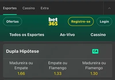 Odds na Bet365 para Chance Dupla em Madureira x Flamengo