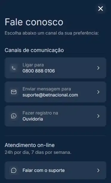 Captura de tela com as op&ccedil;&otilde;es de atendimento ao cliente na Betnacional

