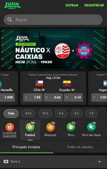 Captura de tela da p&aacute;gina de apostas da Luva Bet