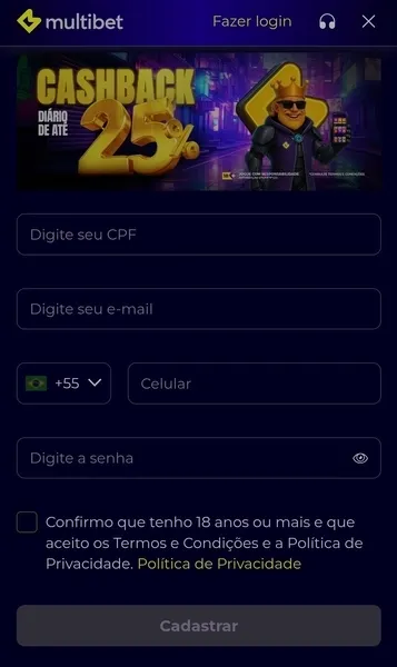 P&aacute;gina de cadastro da Multibet no app Android