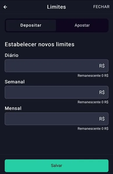 Captura de tela do recurso de limites de dep&oacute;sito em conta criada na H2Bet Brasil