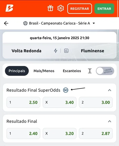 Captura de tela da Betano com Super Odds para Volta Redonda x Fluminense