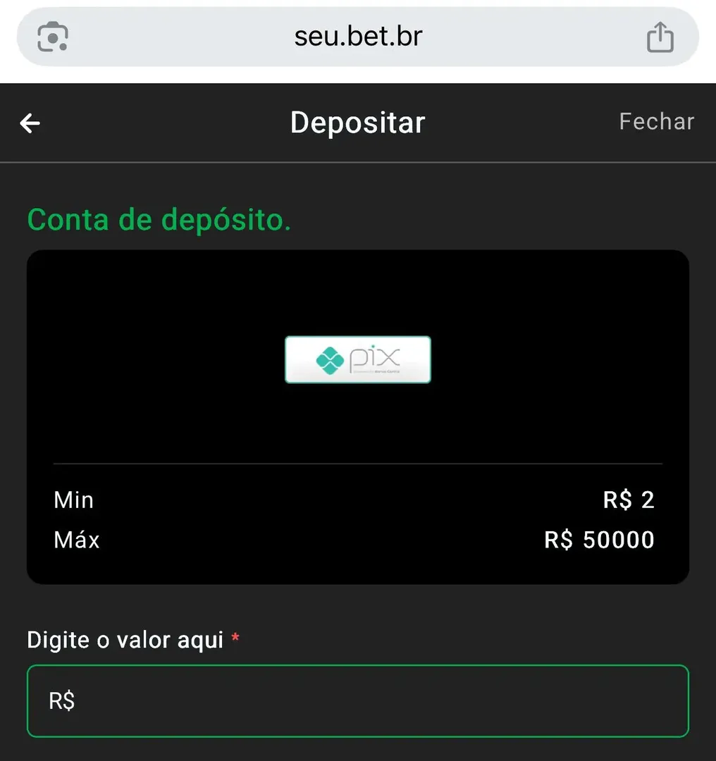 P&aacute;gina do site da Seubet mostra que o dep&oacute;sito m&iacute;mino &eacute; de R$2
