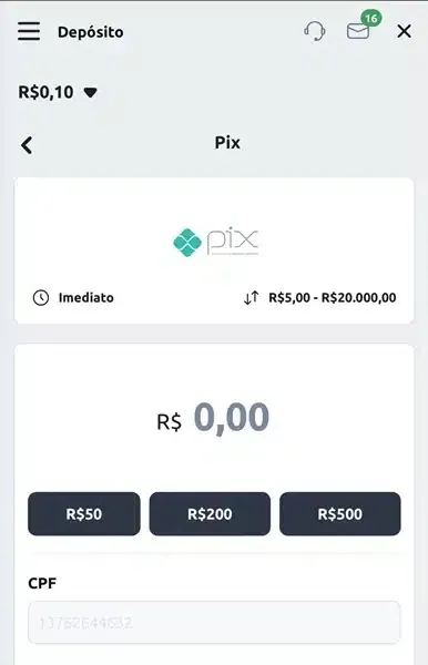 P&aacute;gina de dep&oacute;sitos via Pix disponibilizados pela Betano na vers&atilde;o mobile de navegador