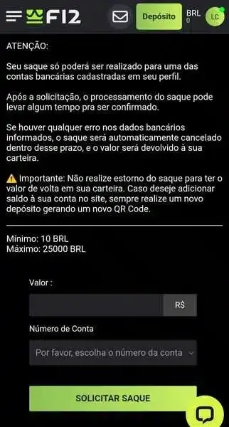 Captura de tela da p&aacute;gina de saque da F12 Bet