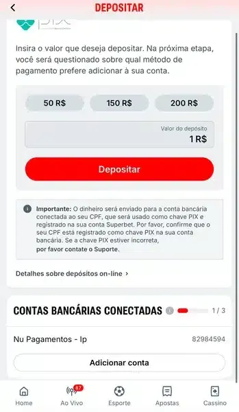 Simula&ccedil;&atilde;o de dep&oacute;sito via Pix no site da Superbet
