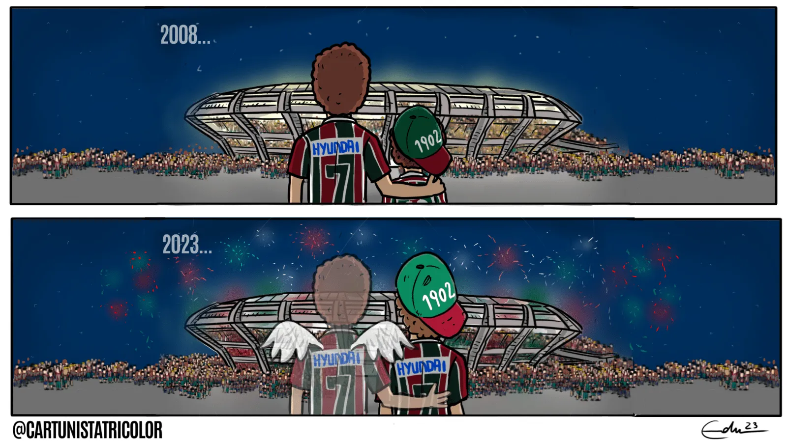 Fluminense ter&aacute; em 2023 a chance de conquistar a Libertadores tamb&eacute;m pelos que estiveram em 2008, mas n&atilde;o est&atilde;o mais aqui - Arte: Divulga&ccedil;&atilde;o/Cartunista Tricolor