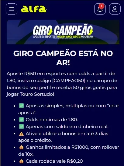 Captura de tela da promo&ccedil;&atilde;o "Giro Campe&atilde;o", da Alfabet
