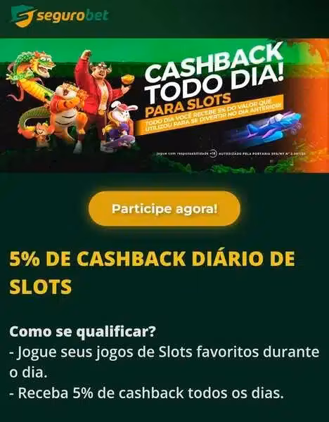 Captura de tela da Segurobet com a promo&ccedil;&atilde;o de cashback di&aacute;rio em slots