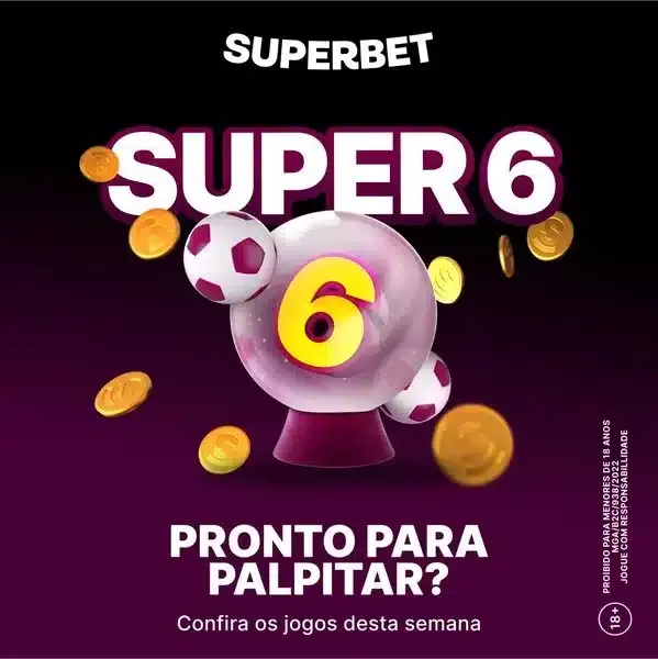 P&aacute;gina inicial do Super 6, quizz gratuito dispon&iacute;vel no site ou app Superbet