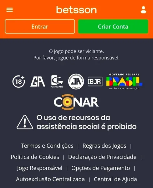 Rodap&eacute; da p&aacute;gina inicial da Betsson com informa&ccedil;&otilde;es sobre legalidade e jogo respons&aacute;vel
