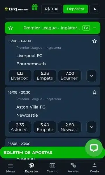 Captura de tela dos jogos da Premier League na Br4Bet