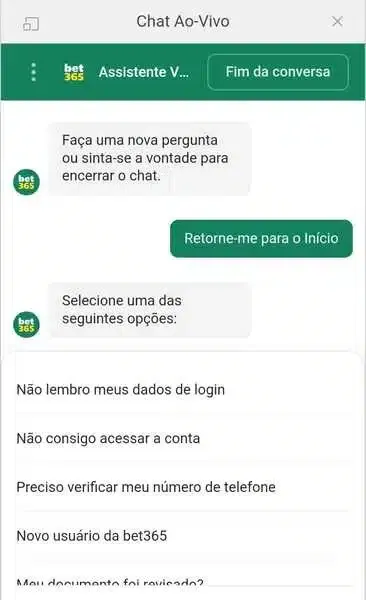 Captura de tela de atendimento da Bet365 via chat.