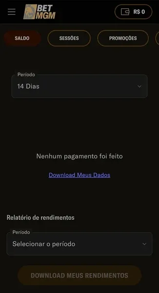 Hist&oacute;rico de apostas que fica dispon&iacute;vel na conta de jogo da BetMGM Brasil