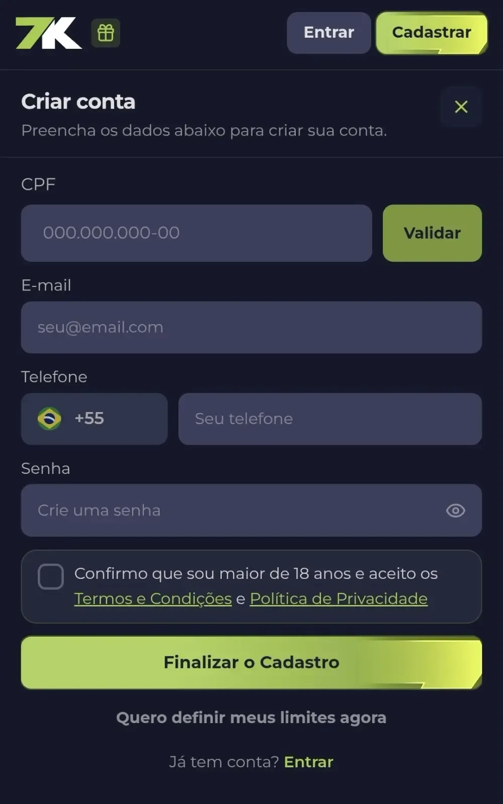 Captura de tela do formul&aacute;rio de cadastro da Bet7k.