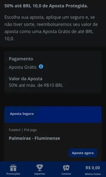 Detalhes da oferta de promo&ccedil;&atilde;o de at&eacute; R$10 da Sportingbet no jogo Palmeiras x Fluminense
